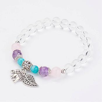 Natural Quartz Crystal Charm Bracelets, with Mixed Stone Bead and Alloy Elephant & Leaf Charm, 2-1/8 inch(54mm)