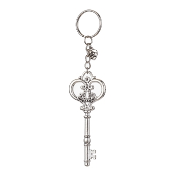 Iron Split Keychains, with Alloy Pendants, Key & Heart, Antique Silver, 13.8cm