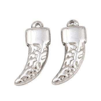 304 Stainless Steel Pendants, Horn with Ethnic Pattern Charms, Stainless Steel Color, 24.5x13x4.5mm, Hole: 1.6mm