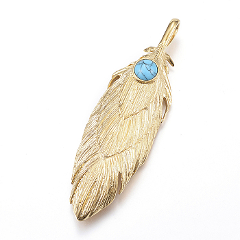 304 Stainless Steel Big Pendants, with Natural Turquoise, Feather, Golden, 83x24x15mm, Hole: 9x5mm