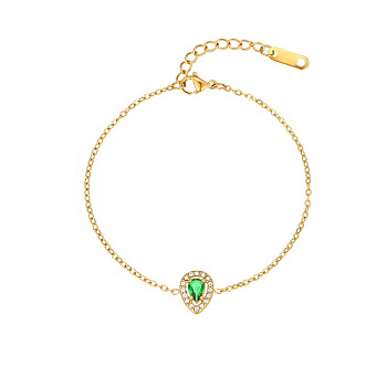 Cubic Zirconia Teardrop Link Bracelet with Golden Stainless Steel Cable Chains, Lime Green, 6-1/4 inch(16cm)