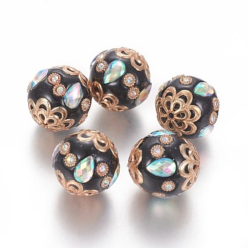 Handmade Indonesia Rhinestone Beads, with Metal Findings, Round, Light Gold, Black, 17.5~21x18~19mm, Hole: 1.6mm
