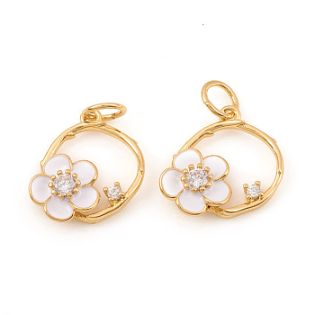 Brass Micro Pave Cubic Zirconia Charms, with Jump Rings and Enamel, Ring with Flower, Clear & White, Real 18K Gold Plated, 13.5x13.5x3mm, Jump Ring: 5x0.6mm, Hole: 3.5mm