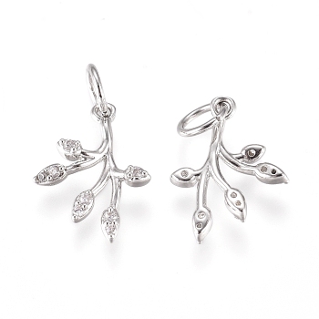 Brass Charms, with Cubic Zirconia and Jump Rings, Leaf, Clear, Platinum, 14x10.5x2mm, Hole: 3.5mm