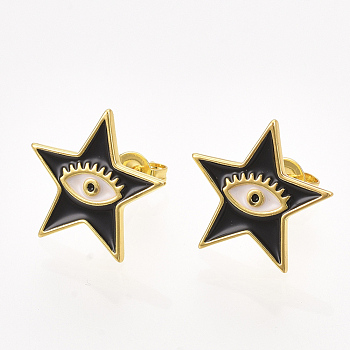 Brass Stud Earrings, with Enamel and Ear Nuts, Star with Eye, Black, 15x16mm, Pin: 0.8mm