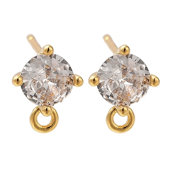 Brass Clear Cubic Zirconia Stud Earrings Finding for Women, with Loop, Flat Round, Real 18K Gold Plated, 8.5x7mm, Hole: 1.2mm, Pin: 0.7x12mm