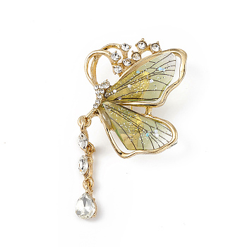 Resin Butterfly Brooch Pin with Crystal Rhinestone, Light Gold Alloy Badge for Women, Pale Goldenrod, 68.5x38.5x13mm, Pin: 0.8mm