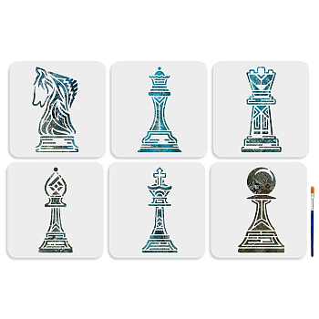 US 1 Set PET Hollow Out Drawing Painting Stencils, for DIY Scrapbook, Photo Album, with 1Pc Art Paint Brushes, Chess, 200x200mm, 6pcs/set