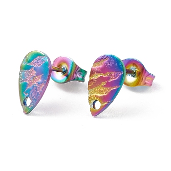 Ion Plating(IP) 304 Stainless Steel Stud Earring Findings, Textured Teardrop, Rainbow Color, 10x6mm, Pin: 0.7mm