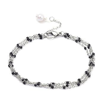 304 Stainless Steel Multi-strand Bracelets, with Enamel, Natural Pearl Beads and Lobster Claw Clasps, Black, 7-1/4 inch(18.5cm)