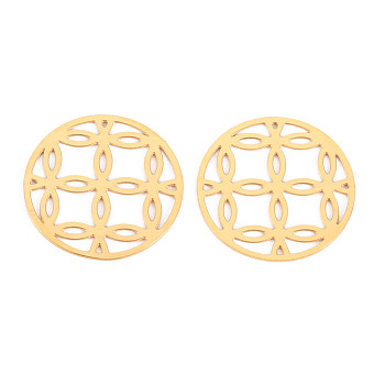 304 Stainless Steel Filigree Joiners Links, Laser Cut, Flat Round, Real 14K Gold Plated, 17x0.5mm