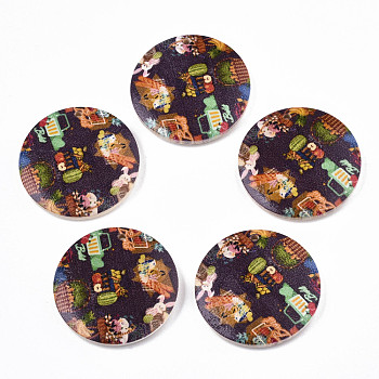 Printed Wood Pendants, Flat Round with Fruit Pattern, Coconut Brown, 50x5mm, Hole: 1.6mm