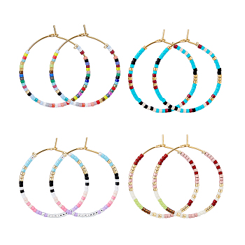 4 Pairs 4 Colors Bohemian Style Miyuki Seed Beaded Hoop Earrings, Native American Tribal Style Earrings, Mixed Color, 74x72x17mm, 1 Pair/color