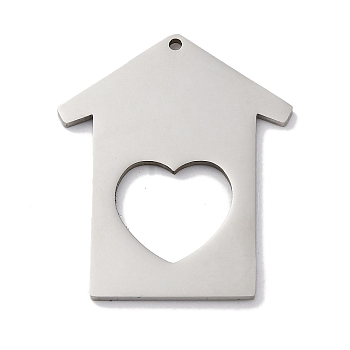 201 Stainless Steel Pendants, Laser Cut, House with Heart Charm, Anti-Tarnish, Stainless Steel Color, 35x29x1mm, Hole: 1.4mm