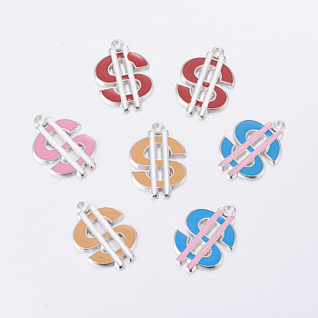 Alloy Enamel Pendants, Lead Free and Cadmium Free, Currency Symbol, Platinum Color, Mixed Color, 25x18x2mm, Hole: 2mm