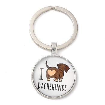 Half Round/Dome Alloy & Glass Pendant Keychain, with Split Key Rings, Dog Pattern with Word I Dachshunds, Sienna, 6cm