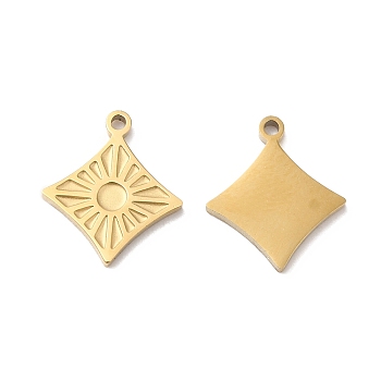 Ion Plating(IP) 316L Surgical Stainless Steel Charms, Rhombus with Sun Charm, Textured, Real 18K Gold Plated, 11.8x10x1mm, Hole: 1mm
