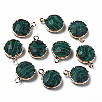 Synthetic Malachite Charms, Faceted, with Golden Plated Brass Edge and Loop, Flat Round, 14.5x11.5x4.5mm, Hole: 1.5mm