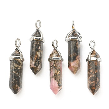 Natural Rhodonite Pendants, with Platinum Tone Brass Findings, Bullet, 39.5x12x11.5mm, Hole: 4.5x2.8mm
