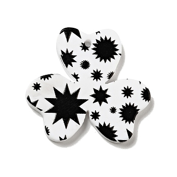 Printed Acrylic Pendants, Clover with Sun Pattern, Black, 27x29.5x2mm, Hole: 1.5mm