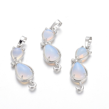Opalite Kitten Pendants, with Platinum Tone Brass Findings, Cat with Bowknot Shape, 35.5x12x6mm, Hole: 5x7mm