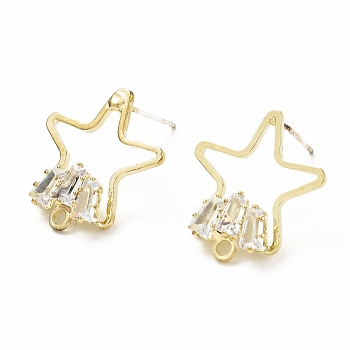Brass Micro Pave Clear Cubic Zirconia Stud Earring Findings, with Loop, Star, Golden, 19.5x18mm, Hole: 1.8mm, Pin: 0.7mm