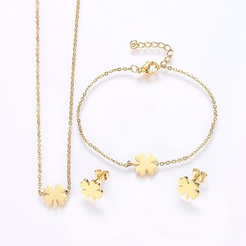 304 Stainless Steel Jewelry Sets, Pendant Necklaces & Stud Earrings & Bracelets, Clover, Golden, 16.54 inch(42cm), 7-1/8 inch(18cm), 10x10x1.2mm, Pin: 0.8mm