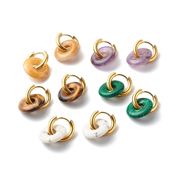 Handmade Natural & Synthetic Gemstone Dangle Hoop Earrings, with 304 Stainless Steel Huggie Hoop, Oval, Mixed Stone, 27mm, Pin: 1mm