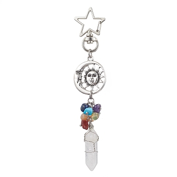 Pointed Natural Quartz Crystal Pendant Decorations, with Mixed Gemstone Chip Beads, Alloy Swivel Lobster Clasps and Pendants, Sun & Moon, Antique Silver, 121mm