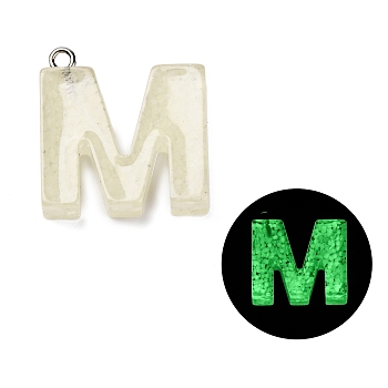 Luminous Resin Pendants, Glow in the Dark, with Platinum Plated Loop, Letter, Letter M, 23.5x22x5mm, Hole: 1.8mm