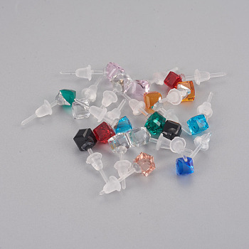 Faceted Glass Stud Earrings, with Ear Nuts, Plastic Findings, Rhombus, Mixed Color, 6x6x6mm, Pin: 0.9mm