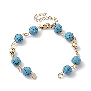 Dyed Natural Lava Rock Round Beaded Chain Bracelet Making, with Golden 304 Stainless Steel Findings, Fit for Connector Charms, Sky Blue, 6-3/4 inch(17cm)