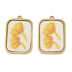 304 Stainless Steel & Embroidered Pendants, Rectangle with Gingko Leaf Charms, Yellow, Ion Plating(IP), Long-Lasting Plated, Real 18K Gold Plated, 26x18x3mm, Hole: 1.6mm(SA-CBA1ED9-07G)
