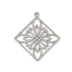 304 Stainless Steel Pendants, Rhombus with Flower, Hollow, Stainless Steel Color, 32.5x29.5x1.5mm, Hole: 1.5mm(STAS-G355-09P)