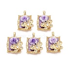 Brass Enamel Pendants, Rectangle & Flower & Butterfly Charms, with Resin & Micro Pave Cubic Zirconia, Real 18K Gold Plated, Medium Purple, 23.5x20.5x7.5mm, Hole: 5x2.5mm(KK-SZC0009-12G-02)
