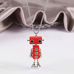 Alloy & Wood Robot Pendant Necklaces, Brass Box Chain Necklaces, Platinum, Cerise, 23.62 inch(60cm)(FS-WGB43E5-06)