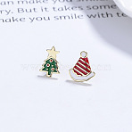 925 Sterling Silver Stud Earrings, with Enamel, Christmas Tree & Christmas Hat, Left and Right, Golden, 10x7~9mm(EJEW-F397-02G)