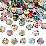 80Pcs 5 Styles Printed Freshwater Shell Charms, Flat Round with Mixed Patterns, Mixed Color, 12.5x1~2.5mm, Hole: 1.4~1.6mm, 16pcs/style(SHEL-AR0001-11)