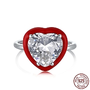 Rhodium Plated 925 Sterling Silver Finger Rings, Birthstone Ring, Real Platinum Plated, with Enamel & Cubic Zirconia for Women, Heart, Red, 1.8mm, US Size 7(17.3mm)(RJEW-A019-42B-02P)