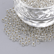 6/0 Grade A Round Glass Seed Beads, Silver Lined, Clear, 4x3mm, Hole: 1mm, about 533pcs/50g(X-SEED-A022-F6-34)