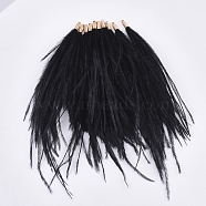 Ostrich Feather Tassel Big Pendant Decorations, with Brass Findings, Golden, Black, 130~170x4mm, Hole: 1.6mm(X-FIND-S302-08L)