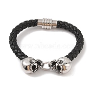 Braided Microfiber Leather Cord Bracelets, 304 Stainless Steel Skull Bracelets for Men, Antique Silver, 8-3/8x1/4 inch(21.2x0.8cm)(BJEW-B096-19E)