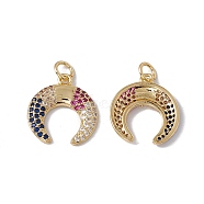 Brass Micro Pave Colorful Cubic Zirconia Pendants, with Jump Ring, Cadmium Free & Nickel Free & Lead Free, Rack Plating, Double Horn/Crescent Moon , Real 18K Gold Plated, 18x16x2mm, Hole: 3mm(KK-G439-34G)