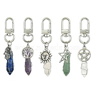 5Pcs 5 Style Copper Wire Wrapped Gemstone Bullet Pendant Decorations, Tibetan Style Alloy and Swivel Clasps Charms, Mixed Shapes, Antique Silver & Platinum, 72~75mm, 1pc/style(HJEW-JM01238-P)