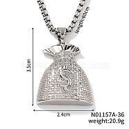 Shiny Hip-hop Style Brass Crystal Rhinestone Dollar Money Bag Pendant Box Chain Necklaces, Platinum, 23.62 inch(60cm)(EW6640-1)