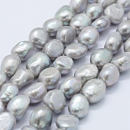 Natural Cultured Freshwater Pearl Beads Strands, Dyed, Potato, Silver, 10~15x9.5~11x6.5~10mm, Hole: 0.2mm, about 32pcs/strand, 14.1 inch(PEAR-K004-06C)