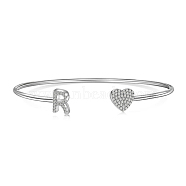 Heart & Letter Rhodium Plated 925 Sterling Silver Micro Pave Cubic Zirconia Cuff Bangles for Women, Letter R, 0.2~0.8cm, Inner Diameter: 1-7/8x2-1/4 inch(4.85x5.65cm) (BJEW-C062-01R-P)