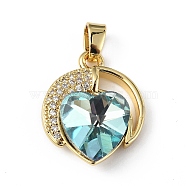 Real 18K Gold Plated Rack Plating Brass Micro Pave Clear Cubic Zirconia Pendants, with Glass, Long-Lasting Plated, Cadmium Free & Lead Free, Heart Charm, Cyan, 21x17.5x8mm, Hole: 5x3mm(KK-C015-20G-11)