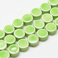 Handmade Porcelain Beads, Bright Glazed Porcelain, Flat Round, Lawn Green, 8~8.5x4~4.5mm, Hole: 2mm(PORC-S496-B22-8mm)