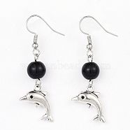 Alloy Dangle Earrings, with Glass Beads and Brass Earring Hooks, Dolphin, Black, 50mm, Pin: 0.6mm(EJEW-JE03179-02)
